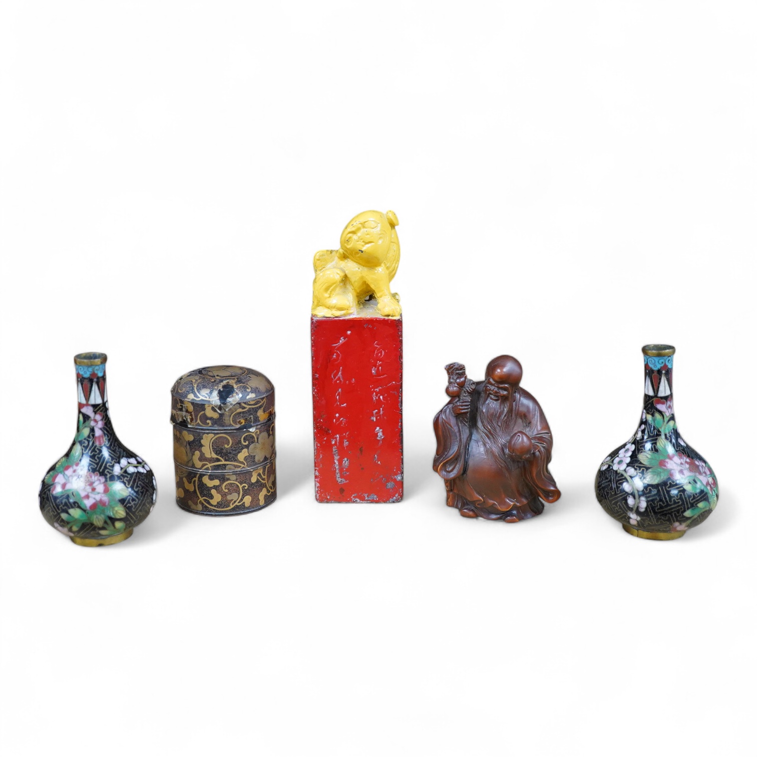 A pair of Chinese cloisonné enamel vases, a soapstone seal, an 18th century Japanese lacquer box and a wood figure of Shou Lao, tallest 19cm